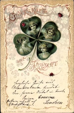 Präge Litho Glückskarte mit Kleeduft, Frauen im Kleeblatt, Marienkäfer