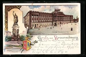 Lithographie Braunschweig, Herzogliches Residenzschloss, Sieges-Denkmal und Wappen