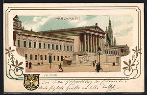 Ansichtskarte Wien, Passanten vor dem Parlament, Passepartout mit österreichischem Wappen