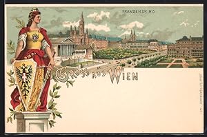 Lithographie Wien, Blick über den Franzensring, Wappen