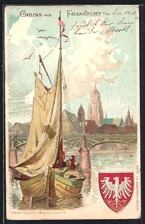 Lithographie Frankfurt a. M., Altstadtsilouette mit Wappen