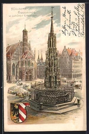 Ansichtskarte Nürnberg, Frauenkirche, schöner Brunnen und Wappen