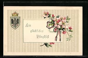 Präge-Ansichtskarte Blumengesteck mit Band in deutschen Reichsfarben, Deutsches Wappen, Pfingstkarte
