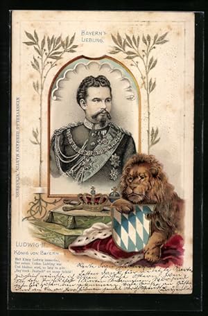 Ansichtskarte Ludwig II. König von Bayern und Löwe mit Wappen