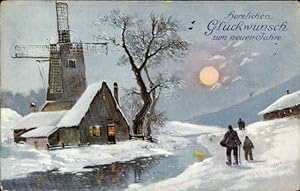 Ansichtskarte / Postkarte Glückwunsch Neujahr, Windmühle, Fluss, Sonnenschein