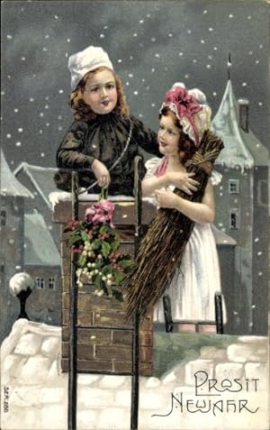 Präge Ansichtskarte / Postkarte Glückwunsch Neujahr, Kinder, Schornsteinfeger, Stechpalme