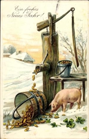 Präge Ansichtskarte / Postkarte Glückwunsch Neujahr, Schwein, Goldmünzen, Kleeblätter, Brunnen