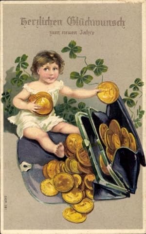 Präge Ansichtskarte / Postkarte Glückwunsch Neujahr, Geldbörse, Goldene Münzen, Glücksklee