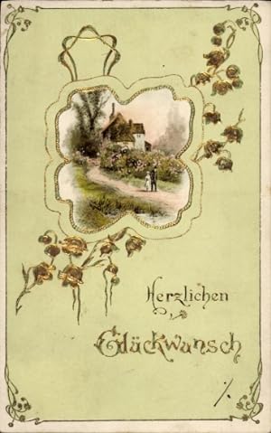 Präge Ansichtskarte / Postkarte Glückwunsch, Wohnhaus, Blumen