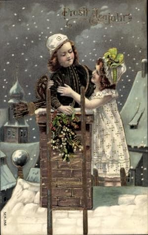 Präge Litho Glückwunsch Neujahr, Schornsteinfeger mit Frau auf dem Dach