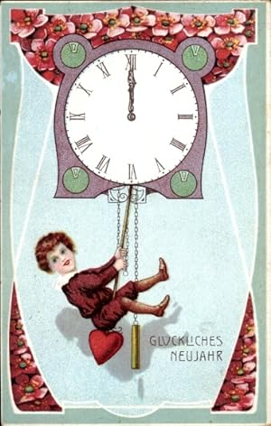 Ansichtskarte / Postkarte Glückwunsch Neujahr, Junge hängt am Pendel einer Uhr, Blüten