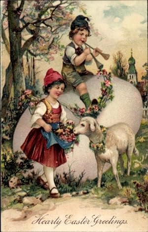 Präge Litho Glückwunsch Ostern, Junge mit Doppelflöte auf einem Ei, Mädchen, Lamm