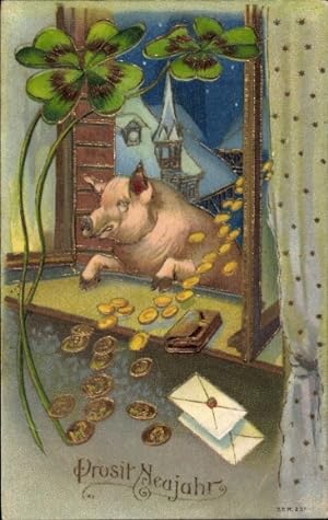 Präge Ansichtskarte / Postkarte Glückwunsch Neujahr, Schwein, Münzen, Kleeblätter