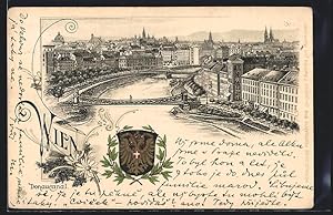 Lithographie Wien, Donaucanal mit Brücken aus der Vogelschau, Wappen