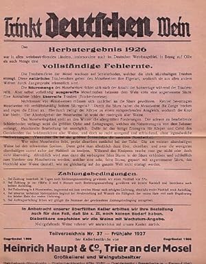 Trinkt deutschen Wein. Teilverzeichnis Nr.37 - Frühjahr 1927, der Kellerbestände von Heinrich Hau...