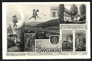 Ansichtskarte Bodenwerder / Weser, Ortsansicht, Geburtshaus des Freiherrn von Münchhausen, Wappen