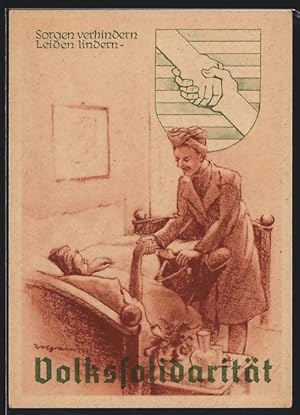 Ansichtskarte Volkssolidarität - Wappen und Frau beim Besuch am Krankenbett