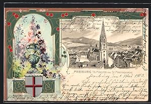 Künstler-Ansichtskarte Freiburg i. B., Teilansicht von St. Martinskirche, Vase mit Blumen und Wappen