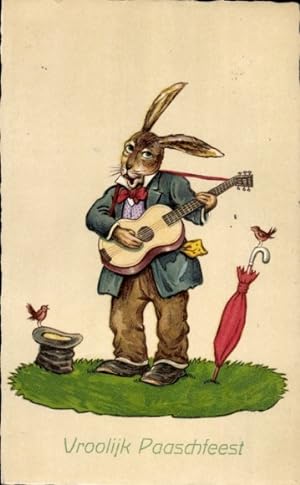 Ansichtskarte / Postkarte Glückwunsch Ostern, Vermenschlichter Hase spielt Gitarre