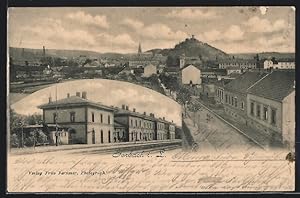Carte postale Forbach i. L., La Gare von der Gleisseite, vue de la rue aérienne