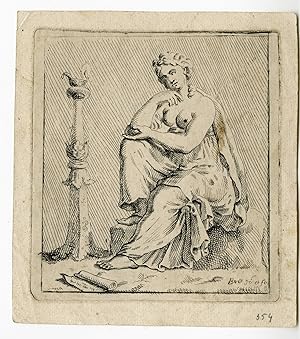 Antique Master Print-CLASSICAL-FEMALE-FIGURE-OIL LAMP-SCHOLAR-BvO-c.1700