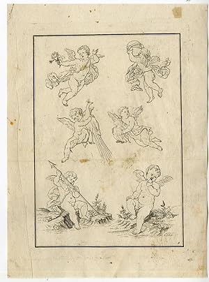 2-Antique Master Prints-DRAWING-EXAMPLES-MYTHOLOGY-PUTTI-Anonymous-c.1700