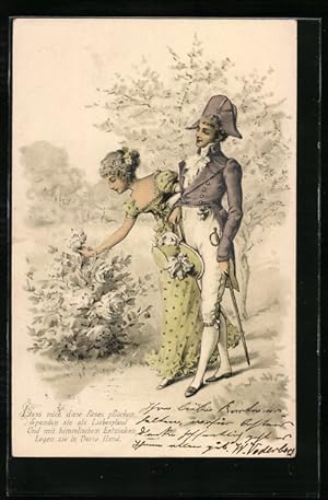 Präge-Ansichtskarte Junges Paar beim Blumenpflücken, Biedermeier