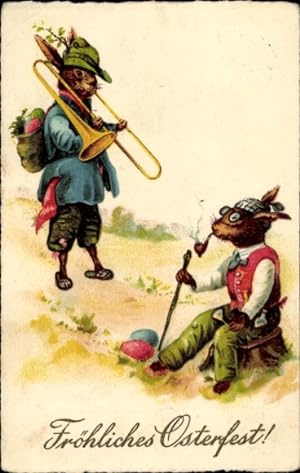 Ansichtskarte / Postkarte Glückwunsch Ostern, Osterhasen, Musikinstrument, Pfeife, Ostereier