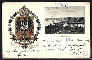 Ansichtskarte Kiel, Handelshafen mit Schiffen und Wappen