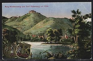 Künstler-Ansichtskarte Rotenberg / Stuttgart, Ortsansicht mit Burg Wirtemberg, Wappen