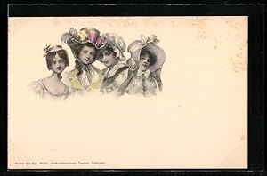 Ansichtskarte Vier junge elegante Damen mit Hüten, Biedermeier
