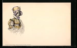 Ansichtskarte Junge Dame im gelben Kleid mit Hut, Biedermeier