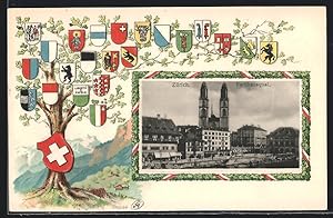 Präge-Ansichtskarte Zürich, Am Rathausquai, Baum mit Wappen der Kantone