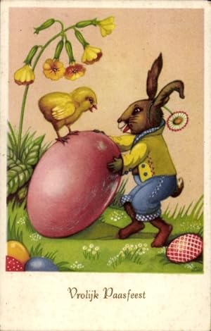 Ansichtskarte / Postkarte Glückwunsch Ostern, Vermenschlichter Hase, Eier, Küken