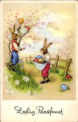 Ansichtskarte / Postkarte Glückwunsch Ostern, Vermenschlichte Hasen sammeln Ostereier