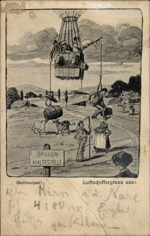 Ansichtskarte / Postkarte Ballon-Haltestelle, Stoffwechsel, Gefangener Mann, Angel, Fass, Kühe