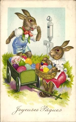 Ansichtskarte / Postkarte Glückwunsch Ostern, Vermenschlichte Hasen mit Ostereiern