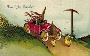 Ansichtskarte / Postkarte Glückwunsch Osterne, Osterhase mit Eiern im Automobil, Küken - Amag 2650