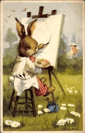 Ansichtskarte / Postkarte Glückwunsch Ostern, Vermenschlichter Hase als Maler an der Staffelei