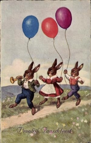 Ansichtskarte / Postkarte Glückwunsch Ostern, Osterhasen, Ballon, Trompete