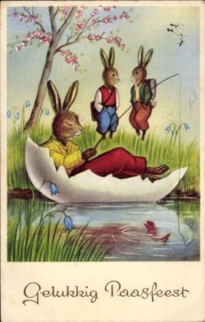 Ansichtskarte / Postkarte Glückwunsch Ostern, Vermenschlichter Hase beim Angeln in einer Eierschale
