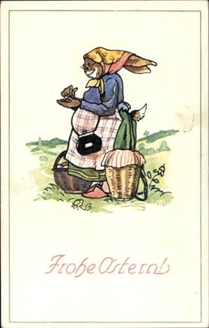 Ansichtskarte / Postkarte Glückwunsch Ostern, Osterhase, Korb, Kleidung, Kopftuch, Handtasche