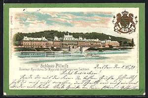 Lithographie Dresden-Pillnitz, Schloss Pillnitz vom Fluss gesehen, Wappen