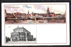 Ansichtskarte Frankfurt, Panorama mit Brückenpartie, Oper und Wappen