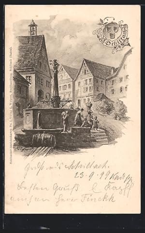 Künstler-Ansichtskarte Schiltach, Brunnenpartie, Wappen