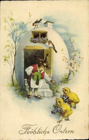 Ansichtskarte / Postkarte Glückwunsch Ostern, Osterhase, Küken, Blumen, Schwalbe - EAS 1011