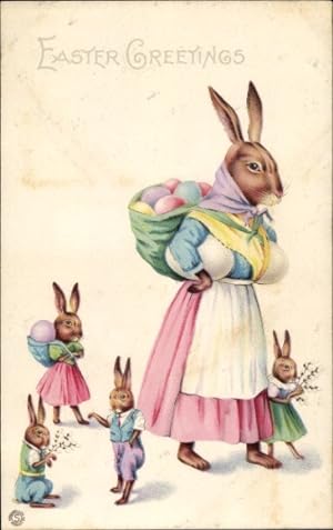 Ansichtskarte / Postkarte Glückwunsch Ostern, Vermenschlichte Hasenfamilie, Ostereier