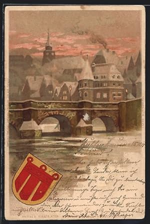 Künstler-Ansichtskarte Tübingen, Blick auf eine Brücke, Wappen