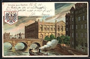 Lithographie Berlin, Kurfürstenbrücke und Königl. Marstall, Wappen