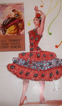 Postcard. Senorita in red dress, in front of bullfighting poster.